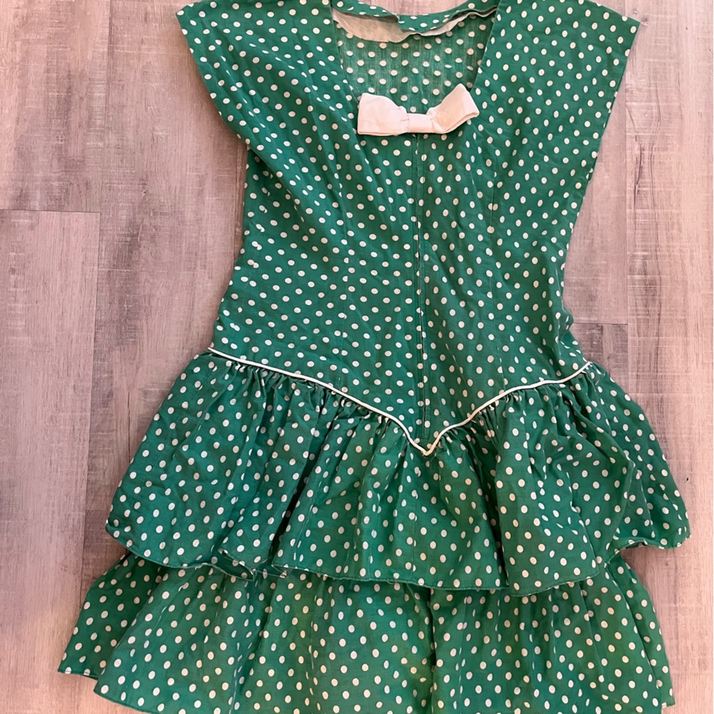 VTG 80s Green Polka Dot Bow Tiered Skirt Handmade Zip Drop Waist Party Dress S/M